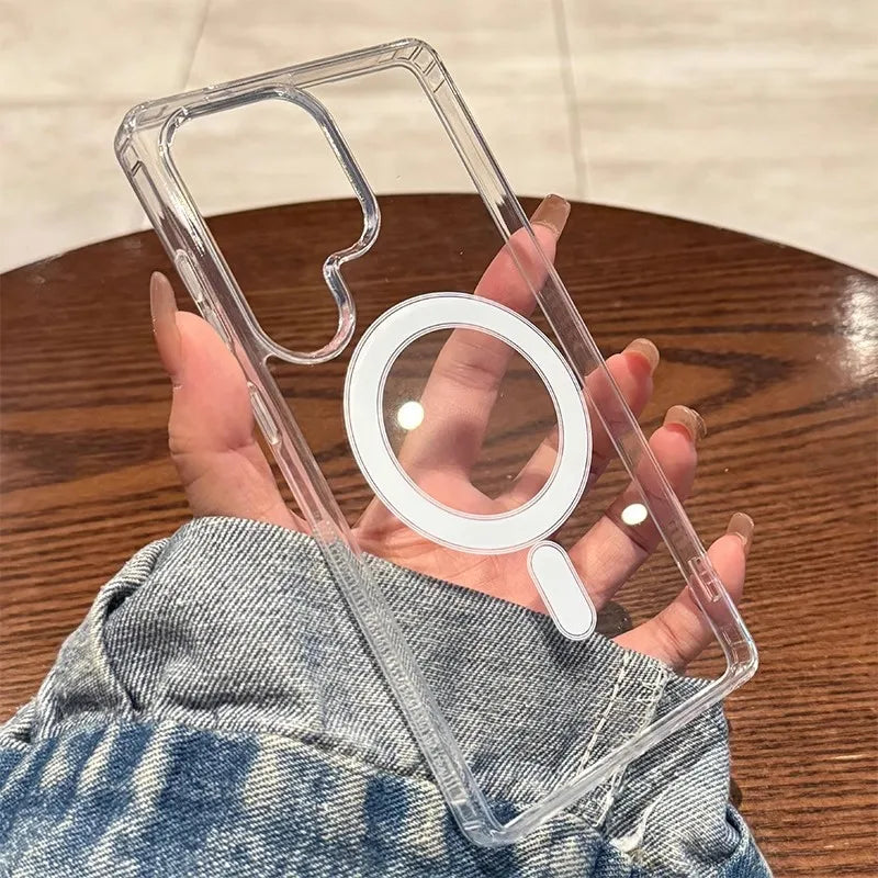 Magnetic Original Transparent Phone Case For Samsung Galaxy S24 Plus Ultra FE Edge Magsafe Clear Cover