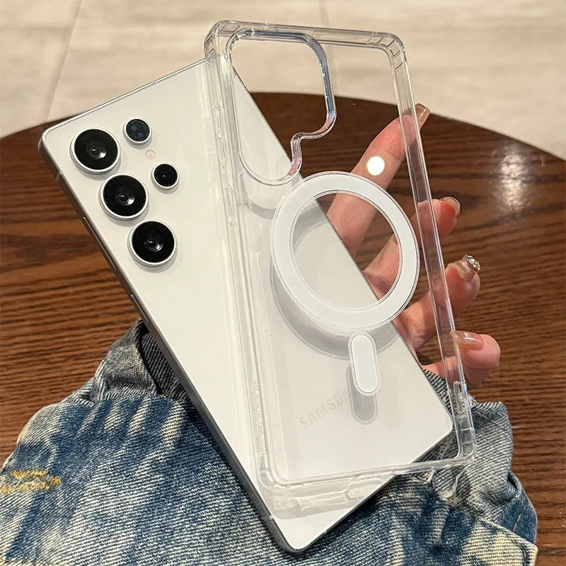 Magnetic Original Transparent Phone Case For Samsung Galaxy S23 Plus Ultra FE Edge Magsafe Clear Cover